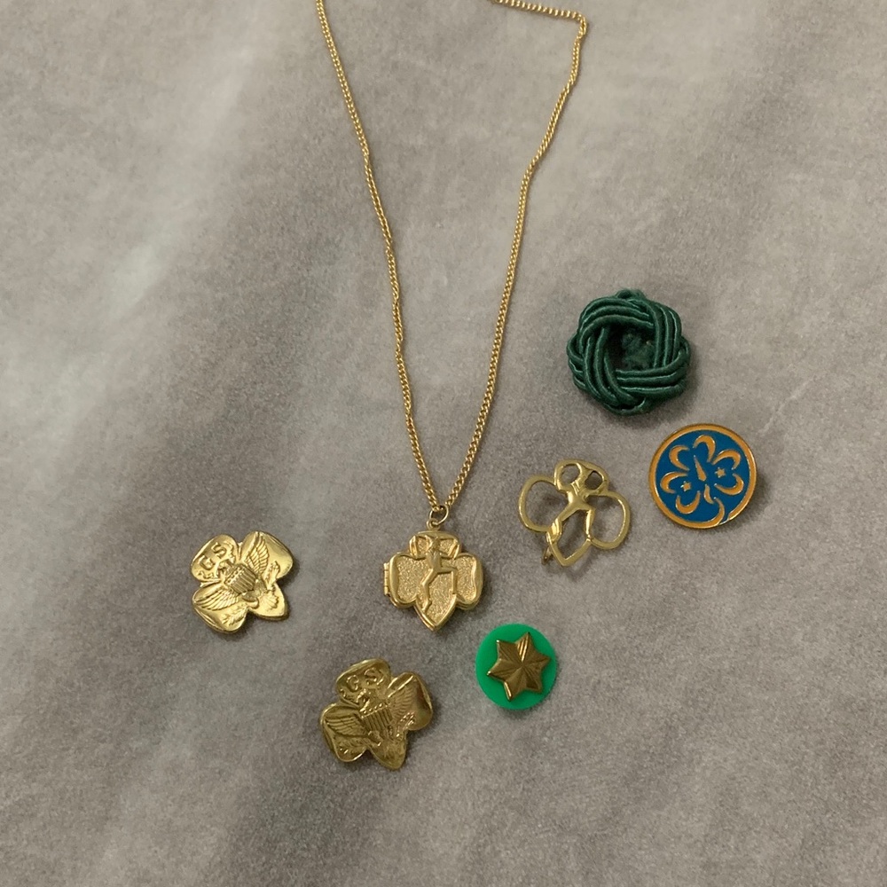 Vintage Girl Scout pins and necklace